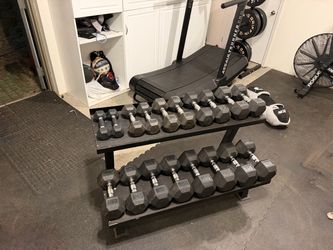 5-45lb rubber hex dumbbell set with rack