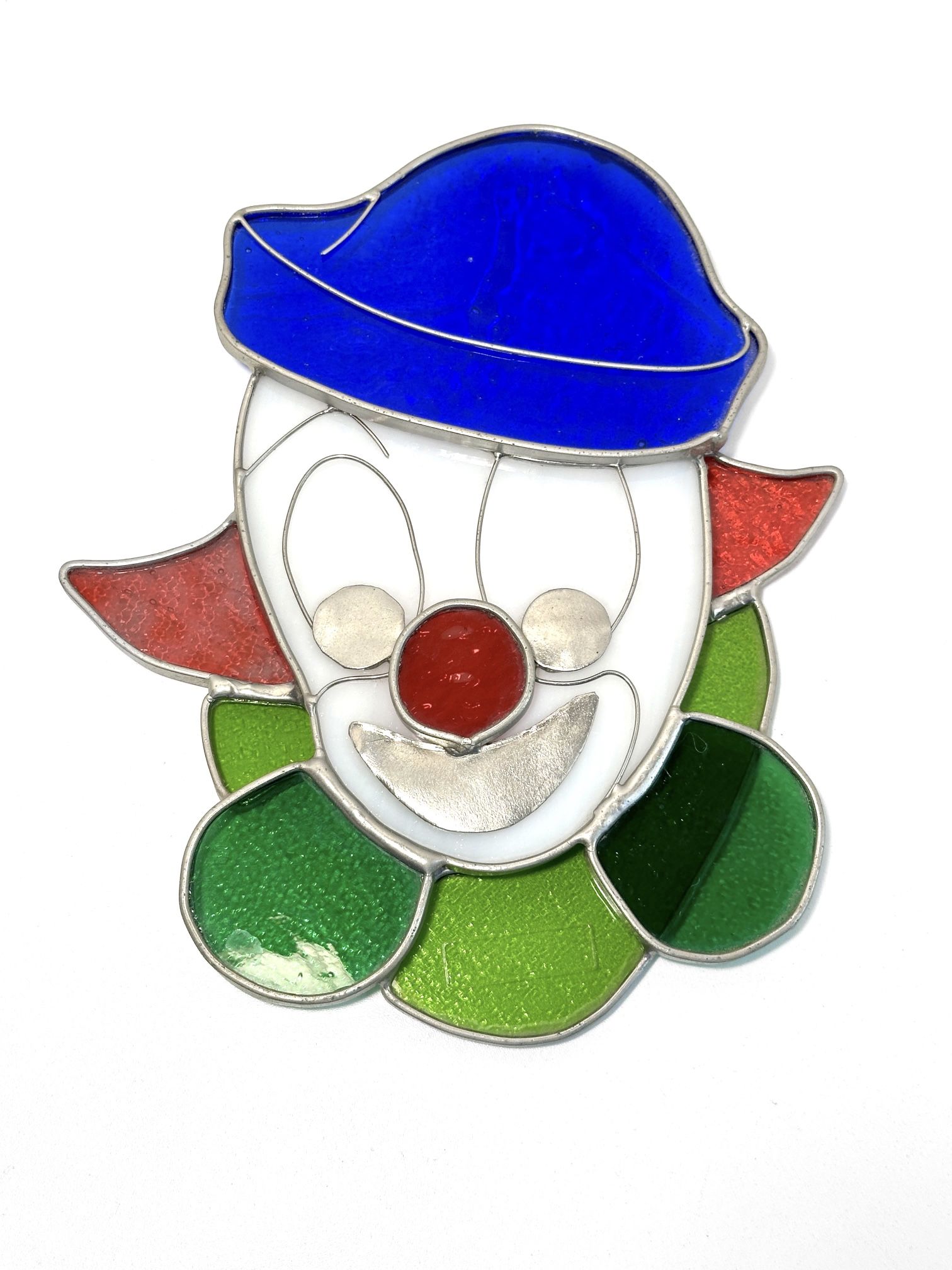 Vintage Red, Yellow & Green Jester Clown Stained Glass Suncatcher