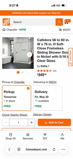 Delta shower door 56 to 60 in Soft-Close Frameless Sliding Shower Door in Nickel