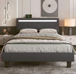 Grey King Size Bed Frame W/ LED Lights 