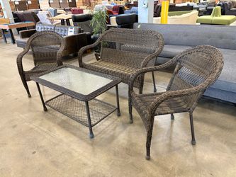 Outdoor Rattan 4 Piece Patio Set with Glass Top Coffee Table
