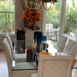 Glass Dining Set With 8 Cream Chairs