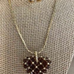 Juego Cadena Aretes Gold Filled Dije Corazón Piedras Joyería Antigua 