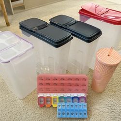 Container Bundle-  4- 24cup Plastic Containers With Pourable Lid, 3 Vitamin Containers And A Large Refillable Starbucks Cup