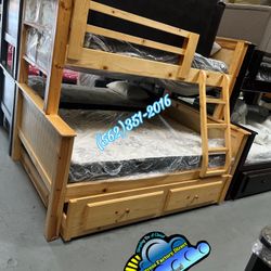 Twin Full Natural Bunk Bed With Mattresses Trundle Cama Bonita 