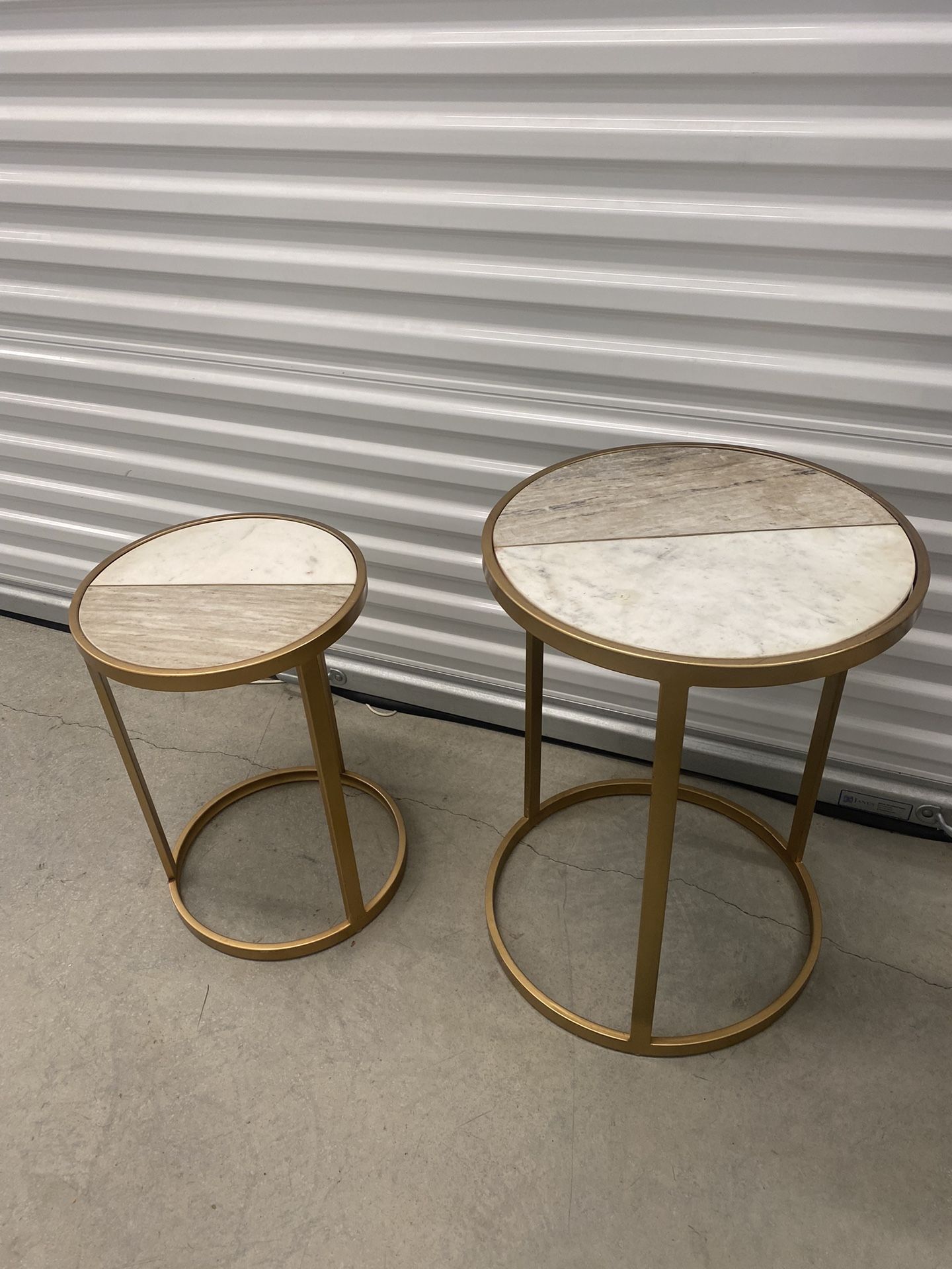 Round White Marble and Metal End Table Pair