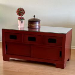 40” Coffee Table Storage Drawers Wood Red Asian Boho Metal Accents Burgundy Chinese Indian Sliding Door Compartment Console Sideboard Table
