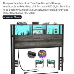 Headboard for Twin Size Bed with Storage, Headboards with Outlets, USB Ports & LED Light, Black Oak