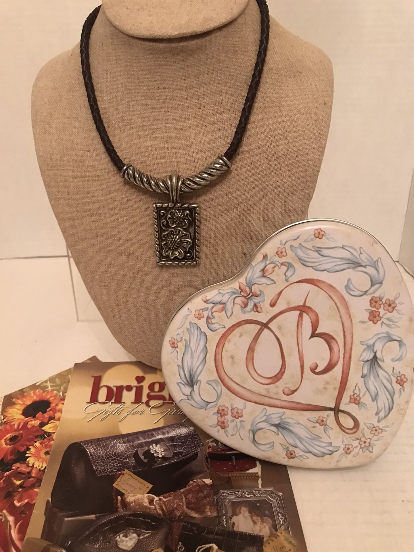 Brighton Retired Leather Braided Cord Choker Necklace 16”Silver Tone Pendant