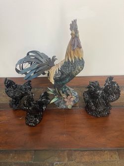 Set of 4 Black Chicken/Rooster Figurines – Largest has Metal Tail Feathers