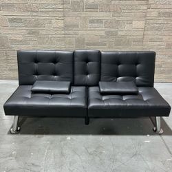 Futon Sofa Bed, Leather Futon Couch with Removable Armrests, Adjustable Recliner Sleeper Sofa Bed with Dual Cup Holders for Living Room, Apartment, Of