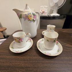 Vintage Nippon Hand-Painted Fine Porcelain Floral Chocolate Tea Set- 8 Pieces