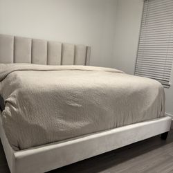 Beige Velvet Platform Bed 