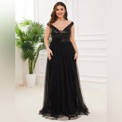Ever Pretty A Line Black Sequin Formal Maxi Tulle Formal Dress Size 24