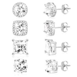 APSVO 4 Pairs 18K White Gold Plated Halo Stud Earrings for Women Men CZ Hypoallergenic S925 Sterling Silver Post Earrings Set Birthday Graduation Jewe
