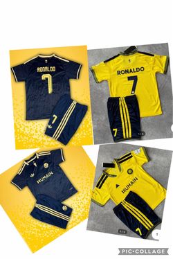 Ronaldo kids sizes 22,24,26,28 set Al-Nassr soccer kit includes a yellow jersey and navy blue shorts. The jersey has the name CRISTIANO 'RONALDO' and
