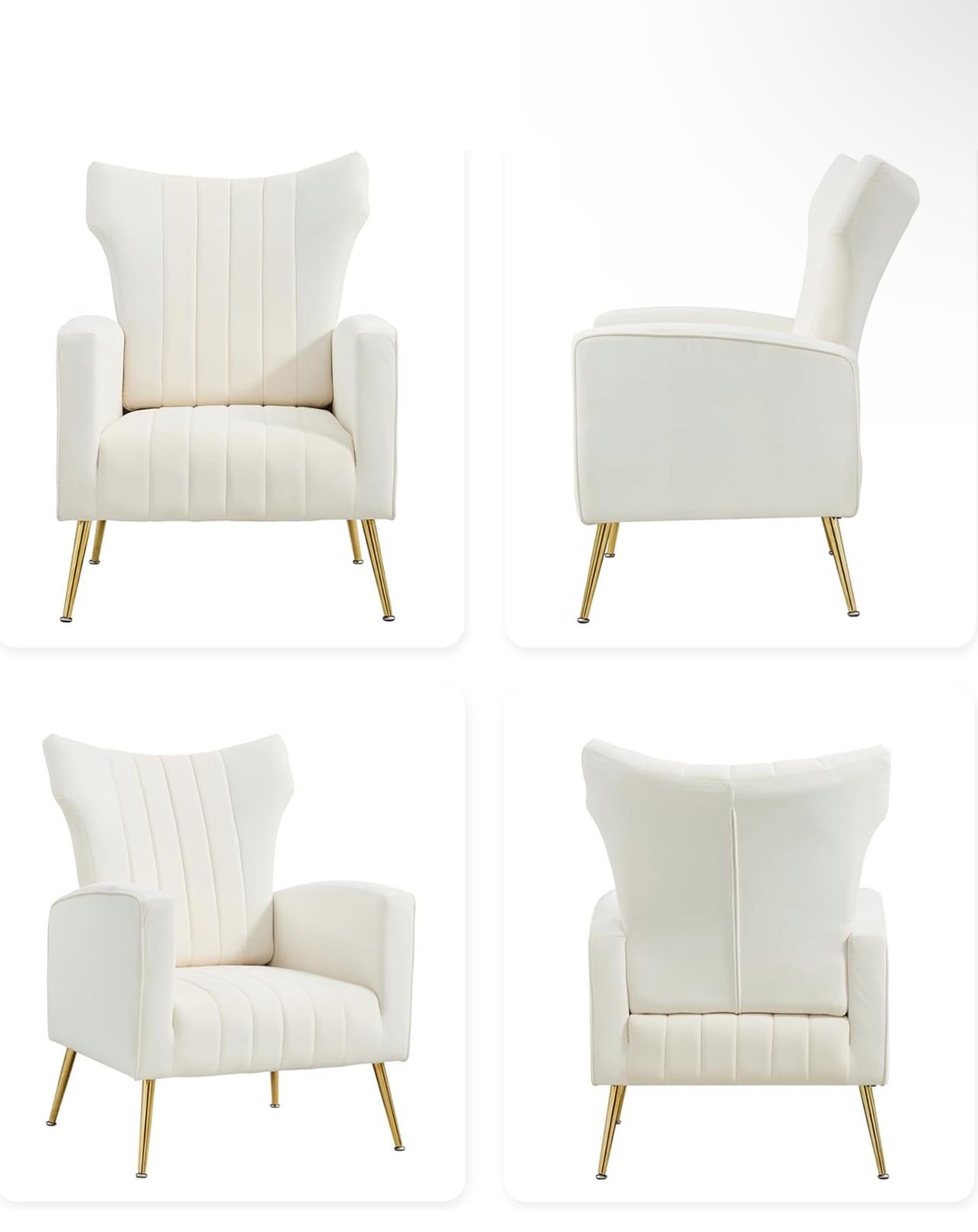 White Accent Chairs Set of 2 for Living Room,Modern Velvet Wingback Chair with Golden Metal Leg,Comf