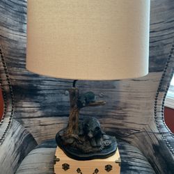 Large Black Bears Table Lamp, Bears In Trees, Detailed Piece. Has Oval Canvas Like Heavy Material Frame.