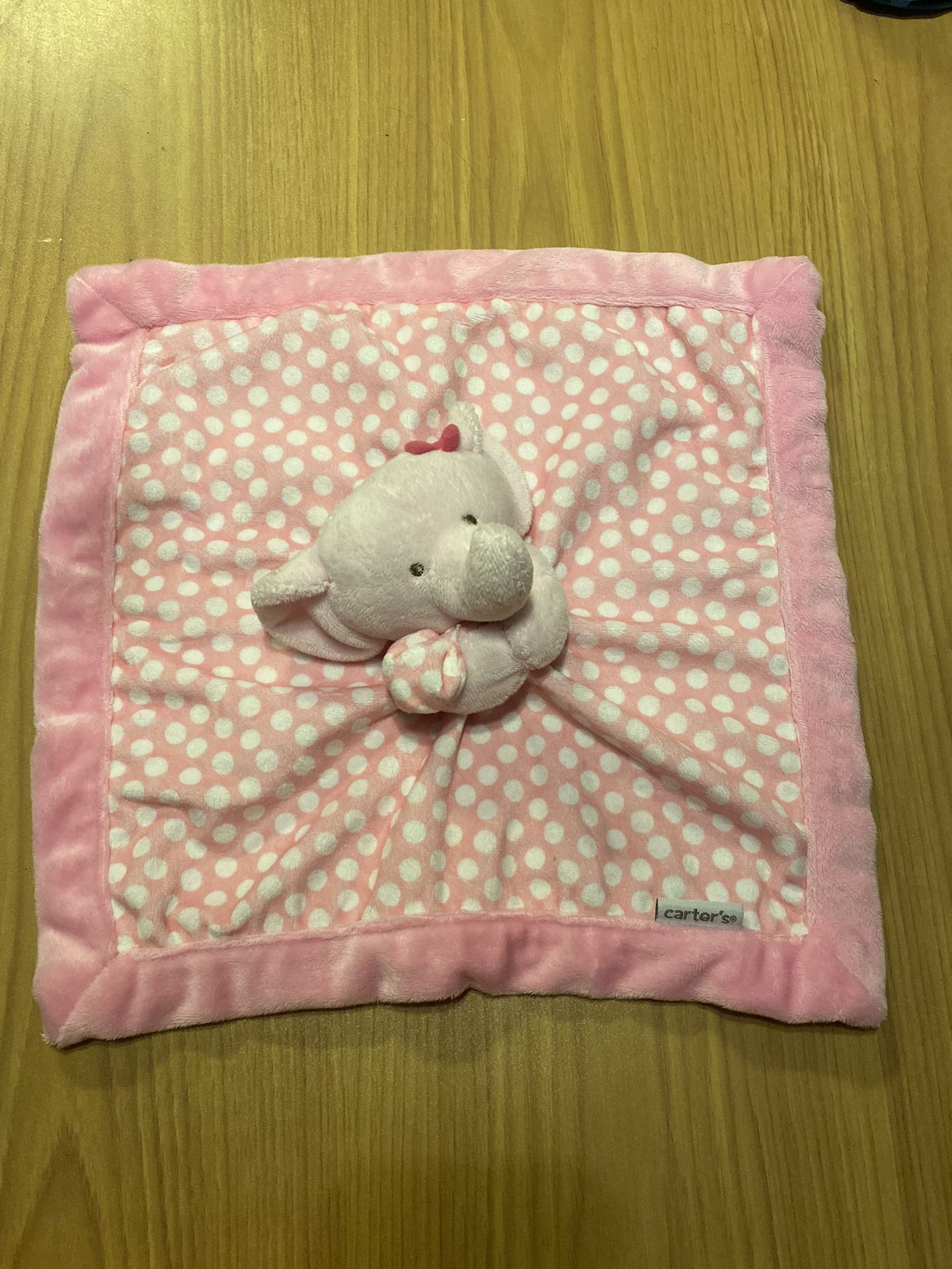 Carter's Pink Elephant Lovey Security Blanket  Bow  White Polka Dots  14"