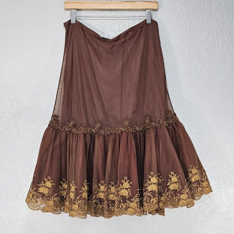 Anthropologie Lithe Wintergarten Brown Gold Lace Embroidered Midi Skirt Size 12
