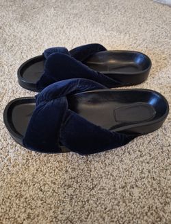 Chloe Nolan Crisscross Twisted Velvet Slides Flat Mule Sandals Blue Lagoon 37