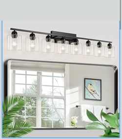 Modern 8 Light Bathroom Light Fixtures, 52 inch Vanity Lights for Bathroom with Clear Glass, Black Bathroom Light Fixture for Mirror Kitchen Living Ro