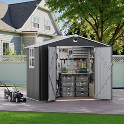 8’x6’  Outdoor Storage Shed, Metal  Tool Storage Sheds with Lockable Doors & 1 Clear Window, Waterproof Outside Storage Building , Black (Floor Not In