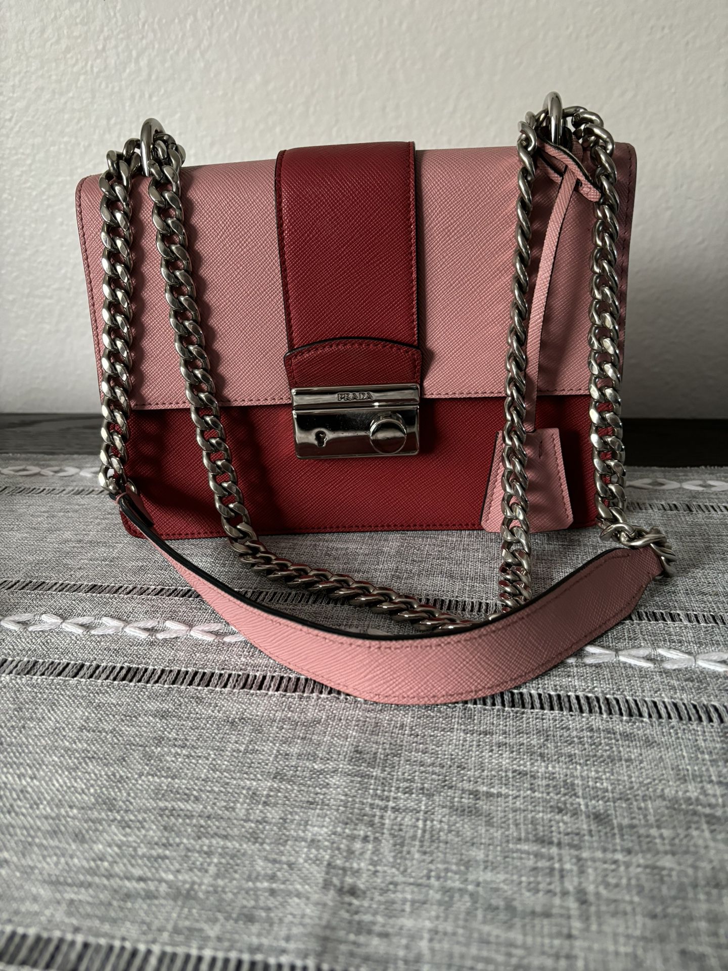 Prada Leather Chain Shoulder Bag Crossbody Pink And Red Lock And Key Mothers Day Gift