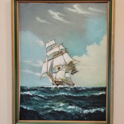 Clipper Ship at Sea 34x44 Vintage Nautical Oil Painting Signed Original