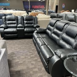 Black Leather Reclining Sofa Set 