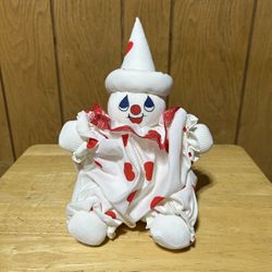 Vintage Circus Clown Plush Toy Doll Hearts Hat Red White Cloth Sitting S & S 10”