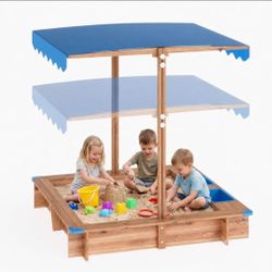 Kids Wooden Sandbox with Adjustable Canopy Cover, 47.2 x 47.2 in
2 Storage Bins, Corner Guards, Ages 3–6，Fir & Pine Wood Sandpit，Backyard, Patio, Gard