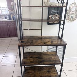 VASAGLE Coffee Bar, 31.5 Inches Baker's Rack for Kitchen with Storage, 6-Tier Kitchen Shelves with 6 Hooks, Microwave Stand, Industrial, Rustic Brown 
