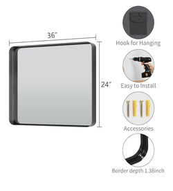 Black Wall Mirror for Bathroom, 24x36 Inch Matte Deep Framed Rounded Rectangle Vanity Mirror