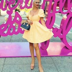 Yellow Puffy Sleeve Linen Dress