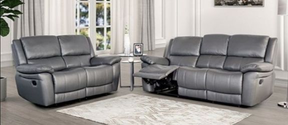 Brand New Grey Super Plush Leather Reclining Sofa & Loveseat