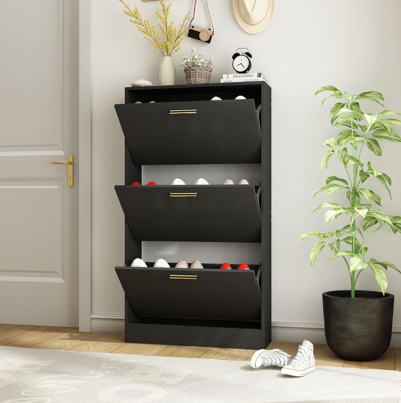 0001BK Shoe Cabinet for Entryway Slim, Narrow Shoe Storage Cabinet with 3 Flip Drawers, Wood Hidden Shoe Storage, Freestanding Shoe Organizer Cabinet
