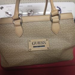 Guess Purse, Tan, 3 Large Pockets With Smaller Pockets Inside.