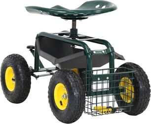 Rolling Garden Cart with Seat - Garden Scooter Rolling Stool Gardening Cart with Tool Storage Basket & Swivel Seat