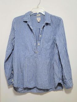 Women's J.Crew Factory Blue Striped Washed Popover Shirt in Cotton-Linen G2323 Boy Fit M