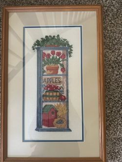 Framed Apple Shelf Cross Stitch Art