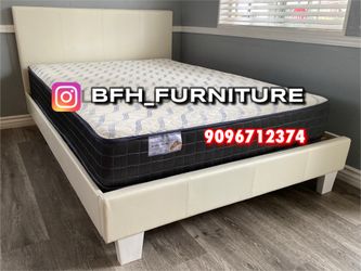 Calking size white platform bed with orthopedic mattress