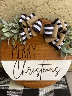 Merry Christmas Door Hanger Wood Wreath Welcome Sign