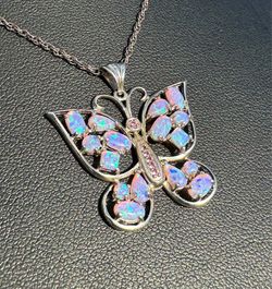 Jewelry .925 sterling silver wheat link chain necklace 18.00” 1.00mm butterfly opal stone 2.50CTW pendant charm