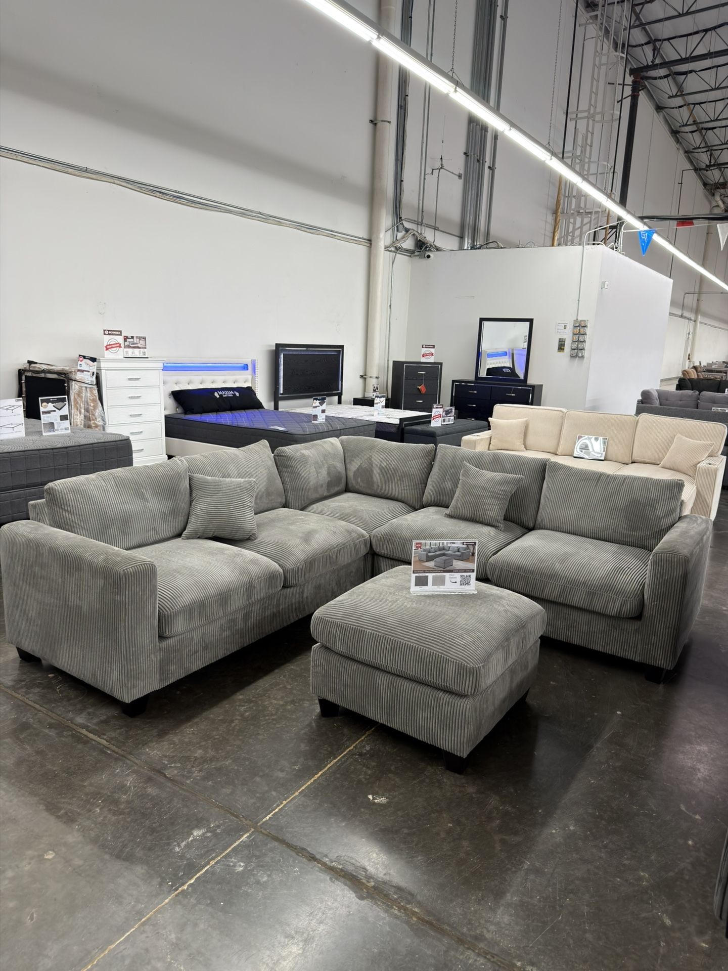 Brand New Grey Corduroy Sectional Sofa Couch