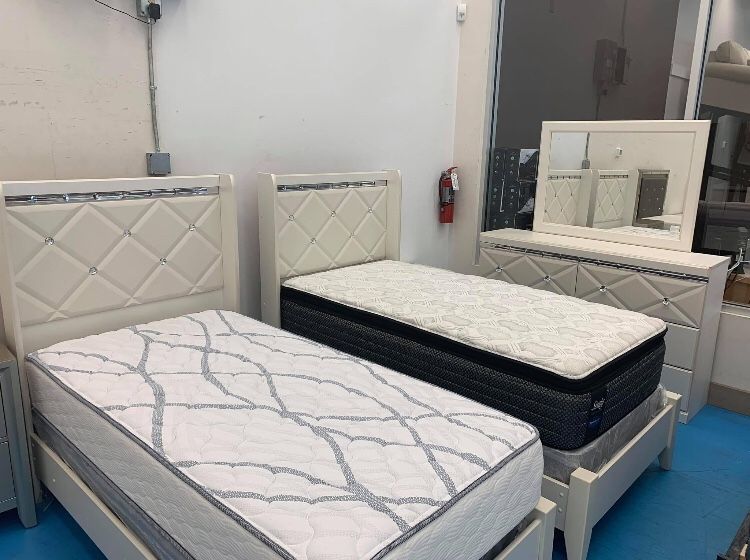 Dreamur Champagne Panel Youth Bedroom Set.. Dresser Mirror Nightstand Bed Frame Full Size (( Twin, Queen, King Size Available))