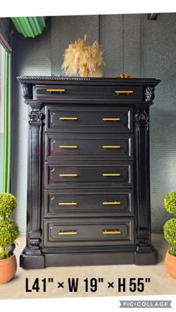 Dresser chest tv media table with drawers refinished black and gold pulls