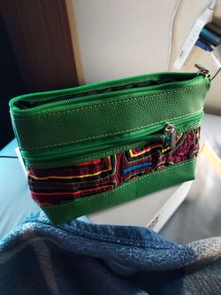 Green Leather Zip Pouch purse  with Embroidered Fabric Panel