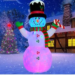 Snowman Inflatable Christmas Yard Decorations 8ft Giant Cute Blow Up Snowman Inflatables Outdoor Rotating Colorful Led Lights

