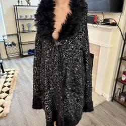Black Rivet Knit Long Length Cardigan Sweater Jacket Faux Fur Collar XL 